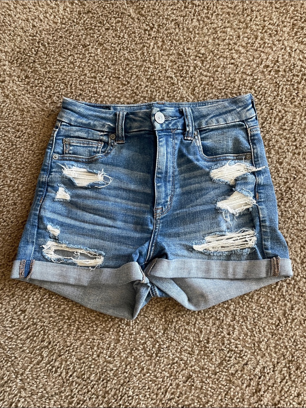 American Eagle Outfitters Distressed Rolled-Hem Denim Shorts - Light Blue